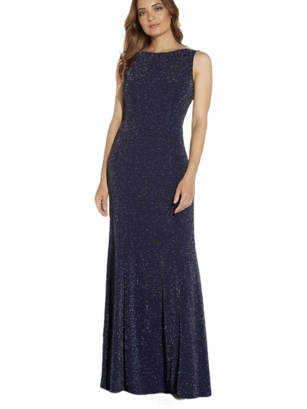 ✨ Adrianna Papell Glitter Cowl-Back Long Gown Navy 2 NWT